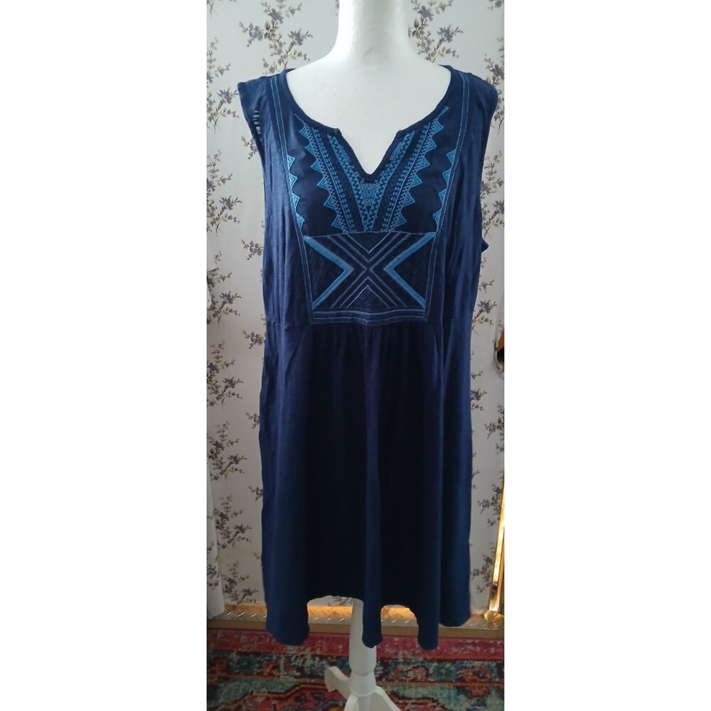 New Directions Sleeveless Sundress Navy Blue Embroidered Neck Large